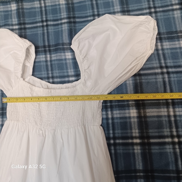 SIM Y SAM Women Size M Elegant White Puff Sleeve Dress100% Cotton Lining - Picture 11 of 13